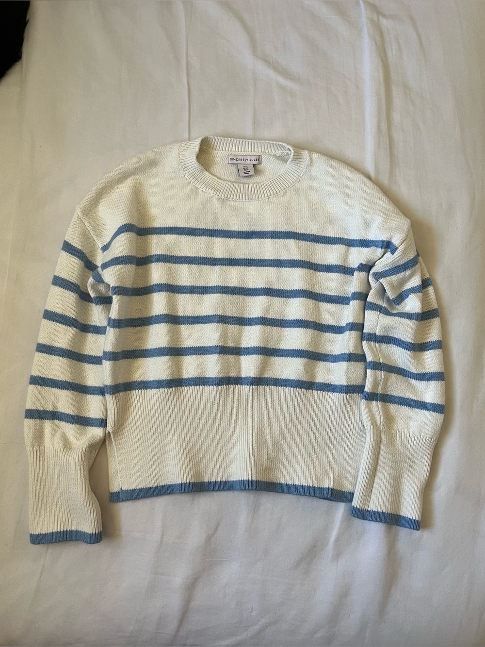 Sincerely Jules Women's S Knit Crew Neck Pullover Sweater Ivory Blue Striped